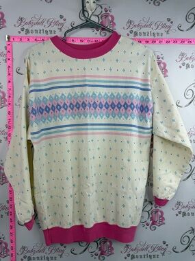 Avon fashions vintage shirt Women's Cream Fair Isle Sweater with Pink Trim